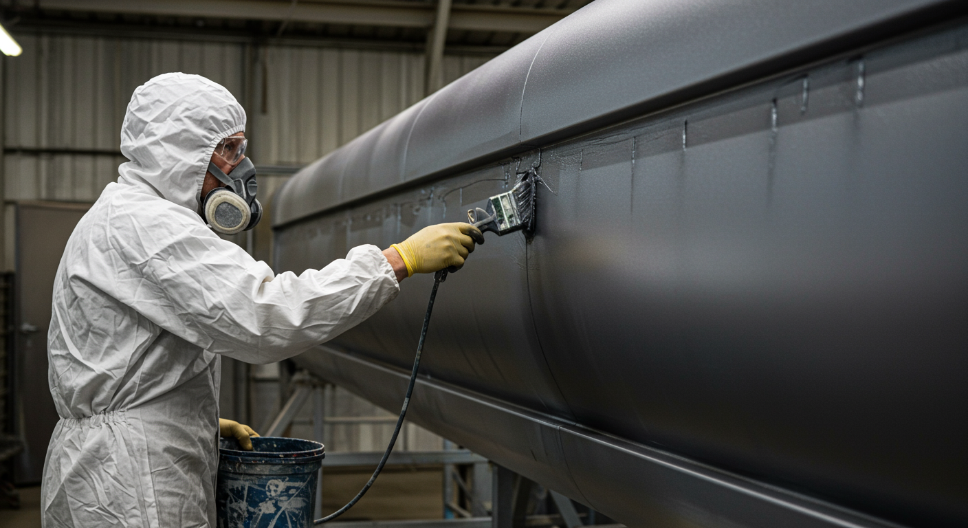 A skilled painter applying a fresh coat of metallic paint to a large metal structure, showcasing the precision and care involved in the process.