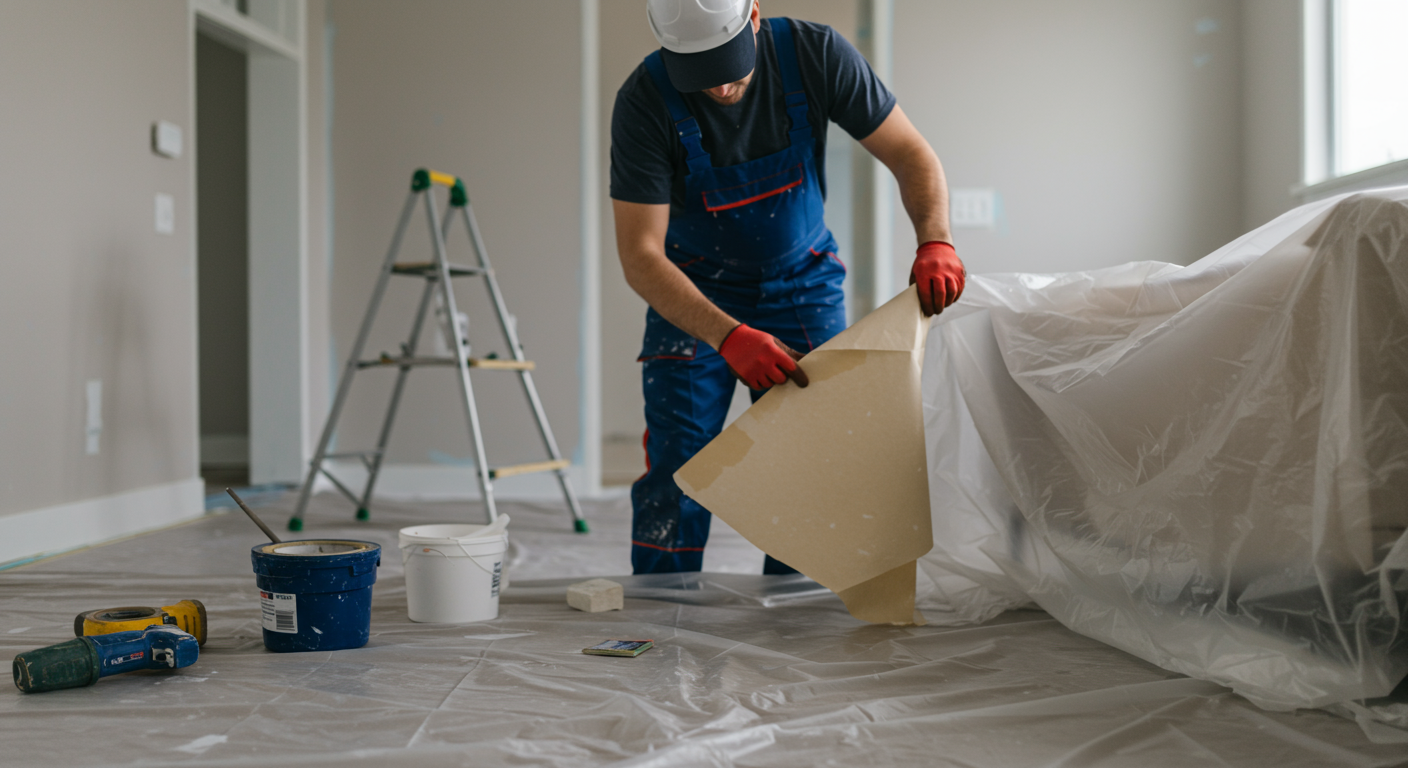 A professional painter preparing for an indoor painting project. The image shows the painter taping edges and covering furniture with plastic sheets. The focus is on the meticulous preparation process, highlighting attention to detail.