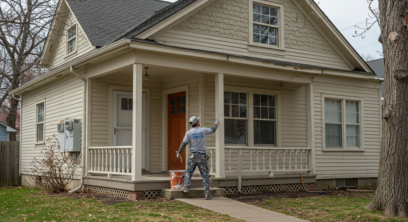A professional house painter in a bright, sunny environment, meticulously painting the exterior of a charming Sunnyvale home.