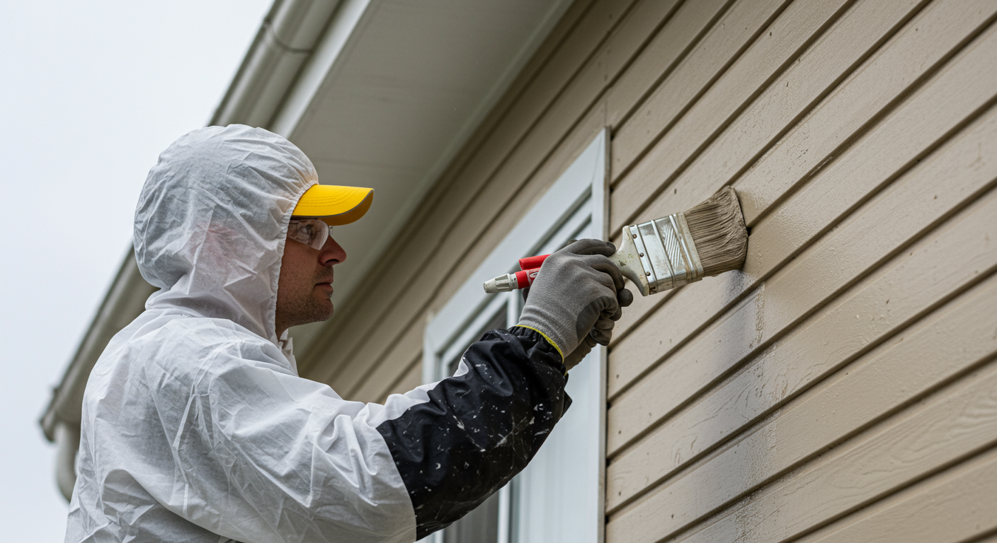 A skilled painter applying a fresh coat of paint to a residential home's exterior. The painter is focused and wearing safety gear, showcasing professionalism and attention to detail.