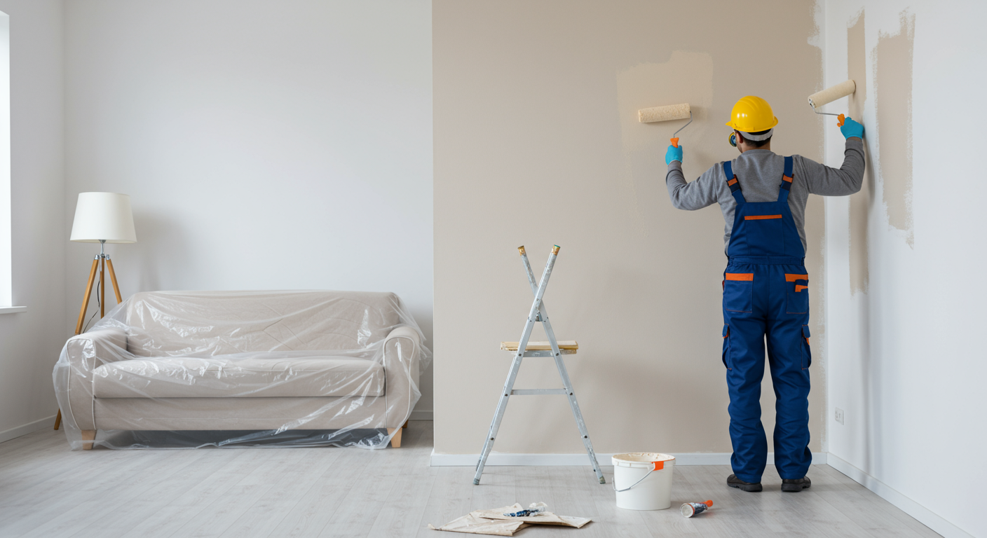 A professional indoor painter wearing a uniform and safety gear, carefully painting a wall with a roller. The setting is a modern, well-lit living room with neatly covered furniture and floors.