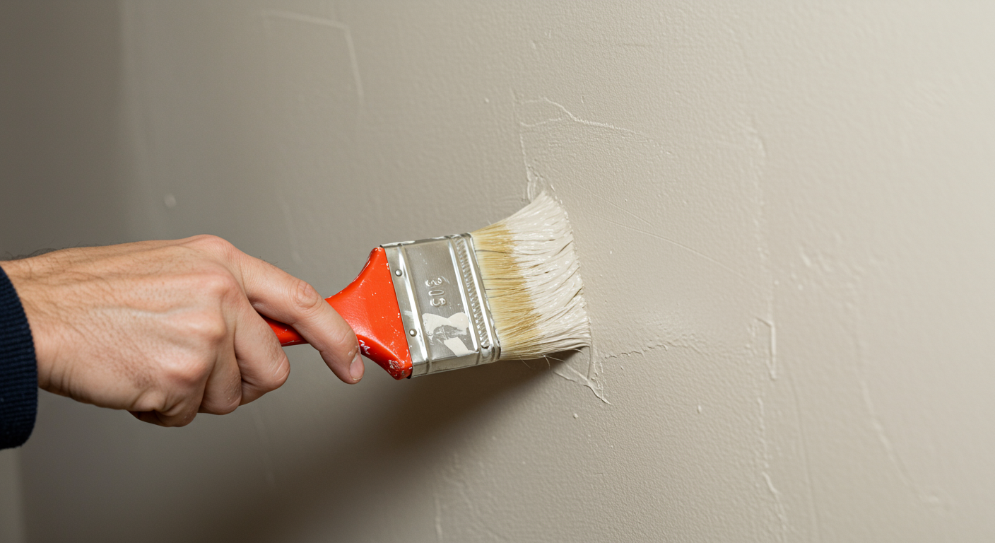 A close-up shot of a painter's hand applying a coat of high-quality paint on a wall. The focus is on the brush strokes and the texture of the paint, emphasizing the quality of workmanship.