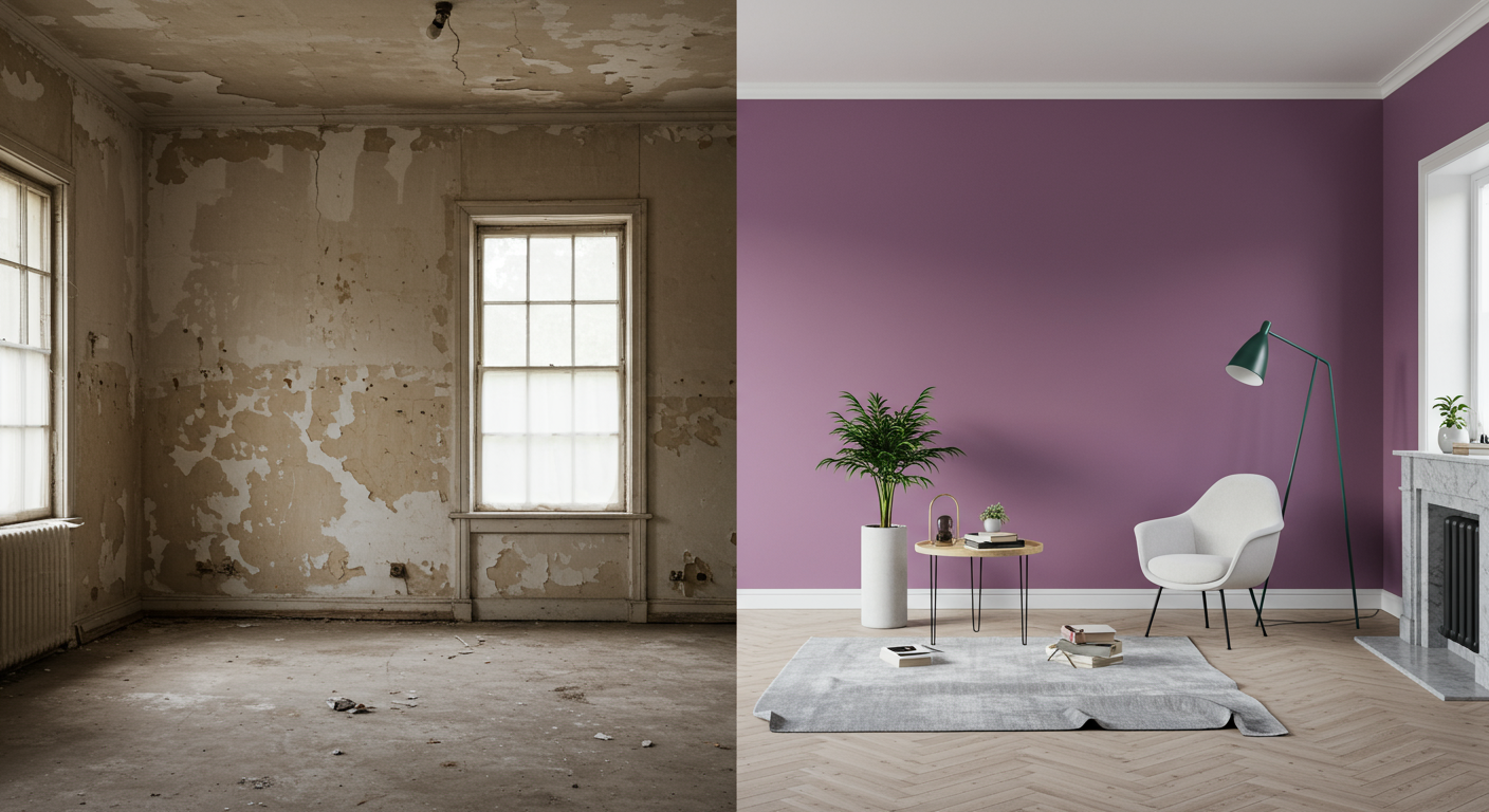 A split-screen image showing a room before and after painting. The 'before' side shows dull, chipped walls, while the 'after' side showcases a vibrant, freshly painted room with modern decor.