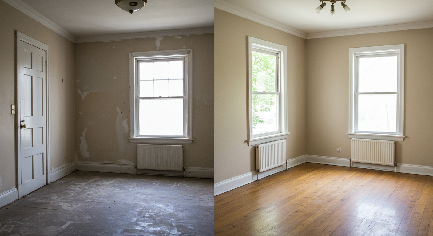 A split-view image showing a dull, outdated room on one side and the same room beautifully repainted and refreshed on the other side.