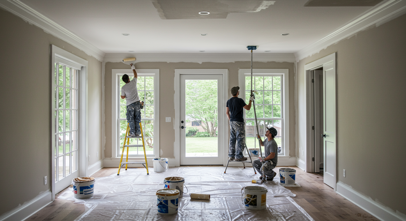 Professional painters working in a modern living room in Madera, CA