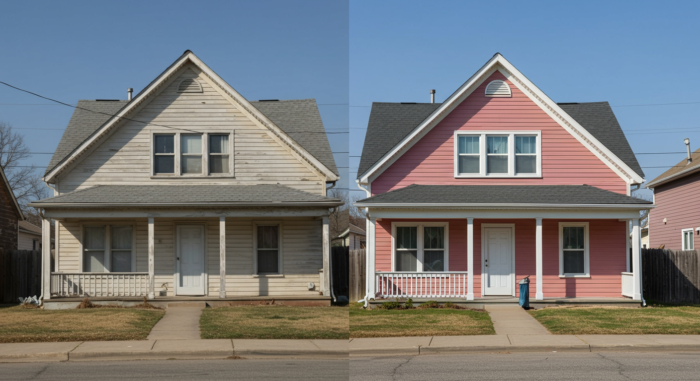 A split image showing a home before and after painting. The left side shows a dull, faded exterior, while the right side showcases a vibrant, freshly painted facade. This visual emphasizes the transformation and impact of professional painting services.