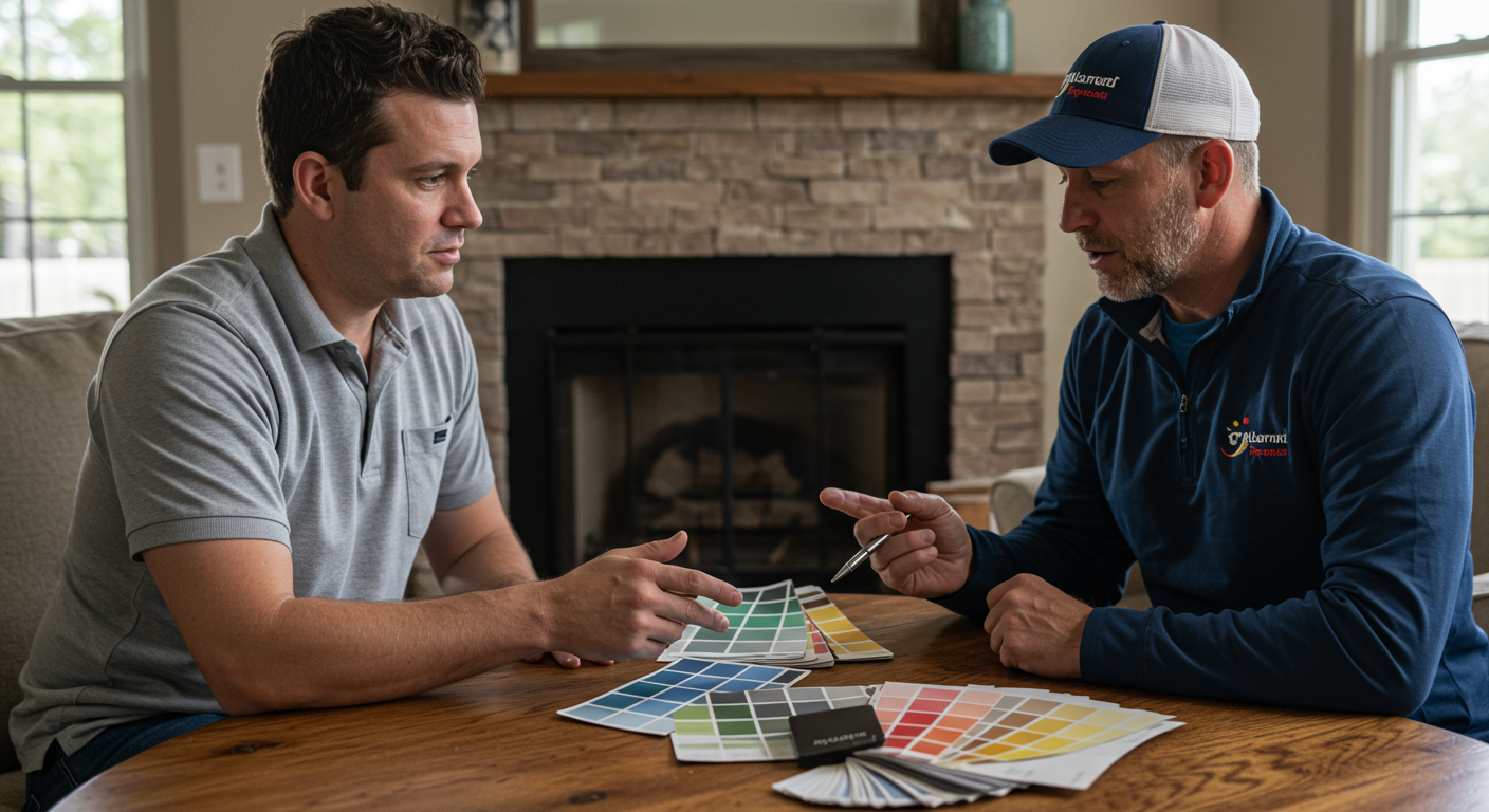 A professional painter discussing color options with a homeowner in a cozy setting. Color swatches are spread out on a table, and the atmosphere is collaborative and friendly, emphasizing the personalized service offered by local painters.