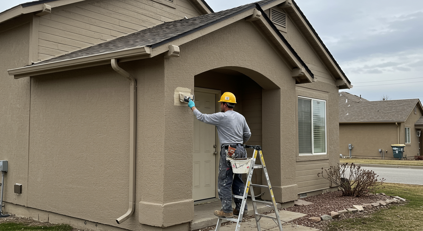 A professional exterior house painter in Madera, CA, carefully applying a fresh coat of paint to a charming suburban home. The painter is focused on detail, showcasing their expertise.