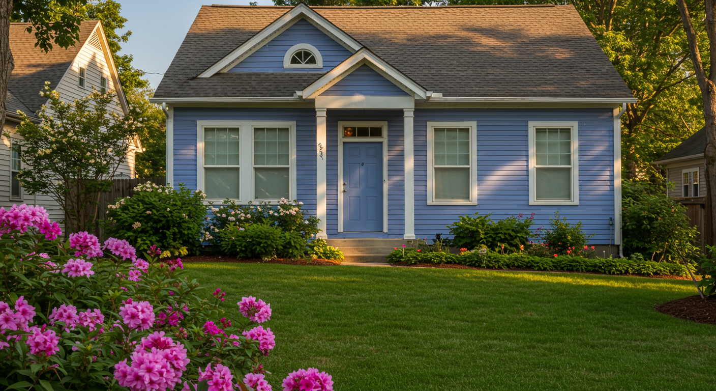 A vibrant, freshly painted home with a well-manicured lawn and blooming flowers in the foreground. The sunlight casts a warm glow on the newly painted walls, highlighting the quality of the work.