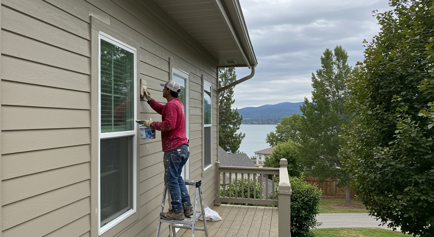 A professional painter applying a fresh coat of paint to the exterior of a charming Lake Elsinore home, with the lake visible in the background. The scene captures the painter in action, showcasing their skills and dedication to quality work.