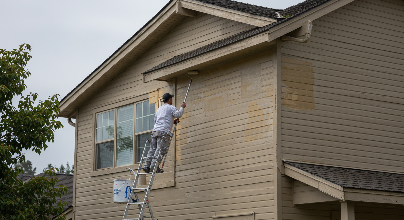 A professional painter in Oakley, CA, diligently painting the exterior of a charming suburban home. The painter is wearing safety gear and using a roller brush, showcasing the craftsmanship involved in the job.