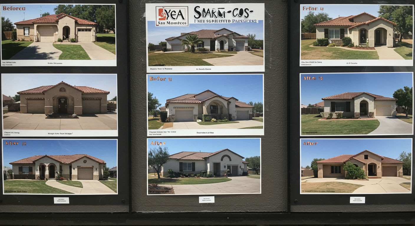 A display of before-and-after images of various painting projects completed in San Marcos. This showcases the quality of work and the transformation that painters can achieve.