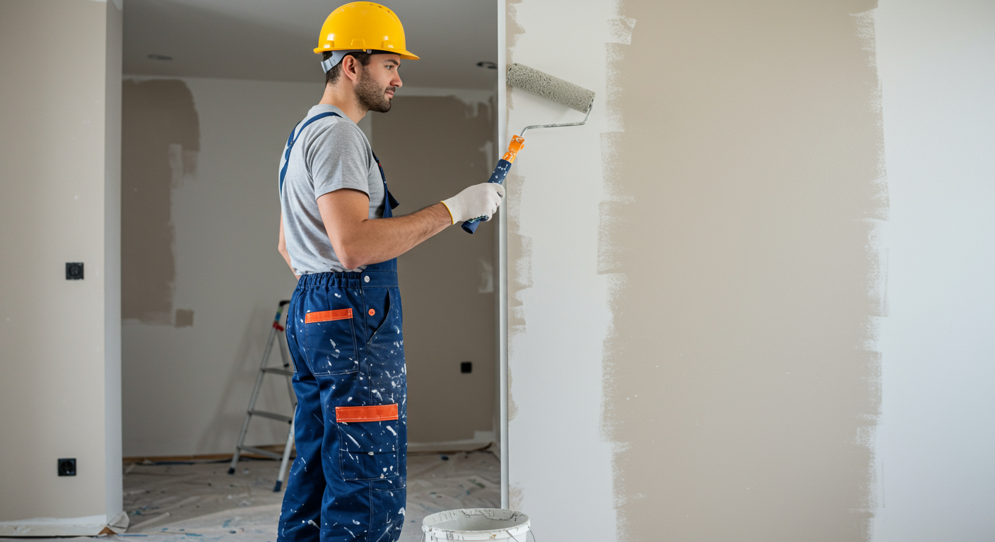 A professional painter in action, carefully applying paint to a wall with a roller. The background features a well-lit room with partially painted walls, highlighting the transformation process.