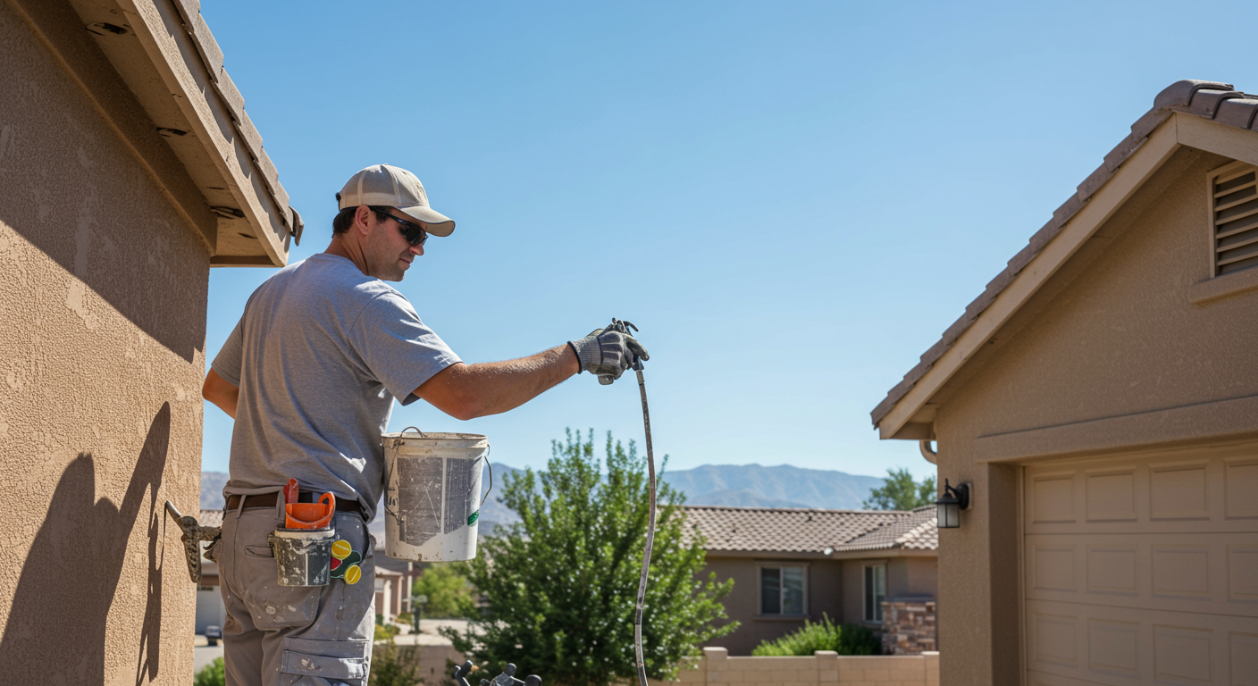A professional painter in uniform meticulously painting the exterior of a house in Apple Valley. The background features a clear blue sky and a picturesque neighborhood, highlighting the local charm.