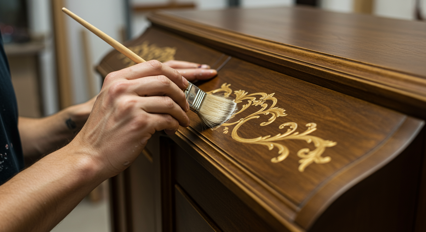 A close-up of a painter's hands skillfully applying decorative finishing techniques on a cabinet, highlighting craftsmanship.