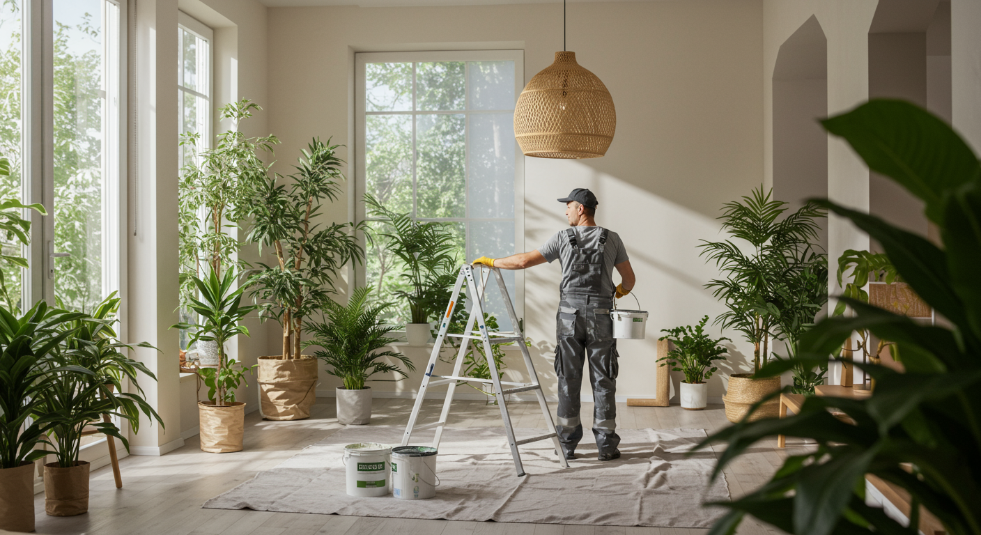 A painter using eco-friendly paint products in a beautifully decorated room, with plants and natural light enhancing the space.