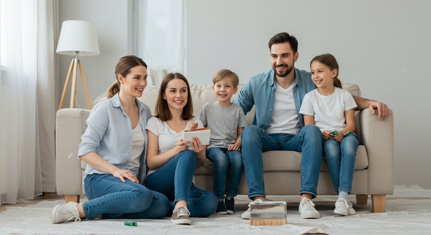A happy family admiring their newly painted living room, showcasing the impact of quality painting services.