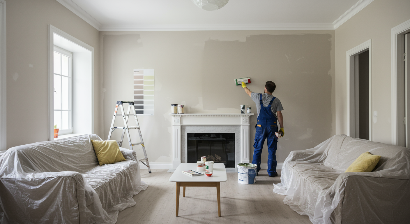 An interior scene of a living room being painted. A painter is carefully applying a fresh coat of paint to the walls, with furniture covered in drop cloths and a color swatch on the wall showing the new color.