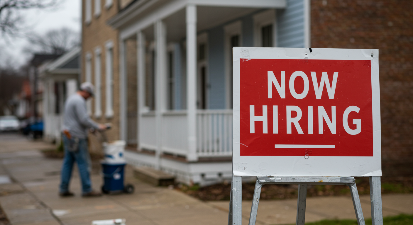 A close-up of a 'Now Hiring' sign placed in front of a freshly painted building in Norwalk, with a painter in the background preparing their tools. The image captures the essence of job opportunities in the area.