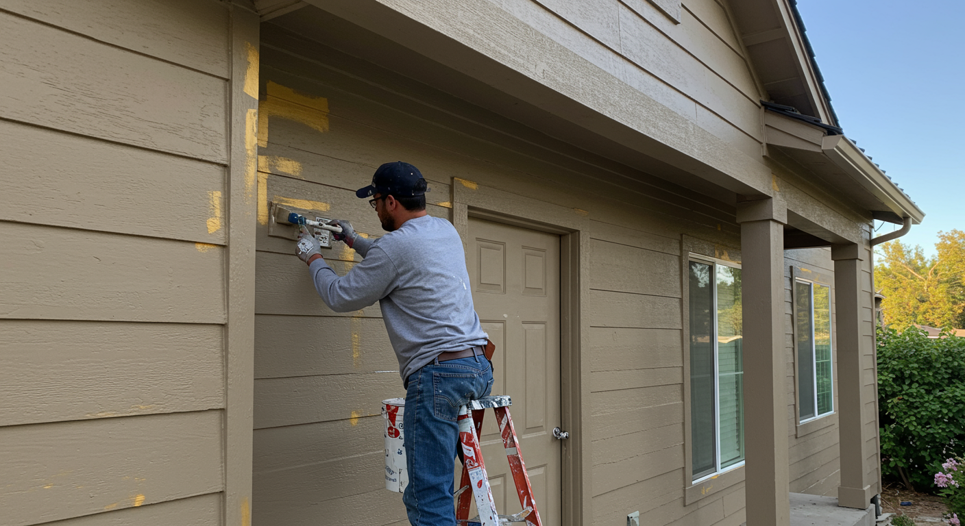 A local painter is seen skillfully applying a fresh coat of paint to the exterior of a charming Escondido home. The painter is focused and in action, showcasing their expertise.