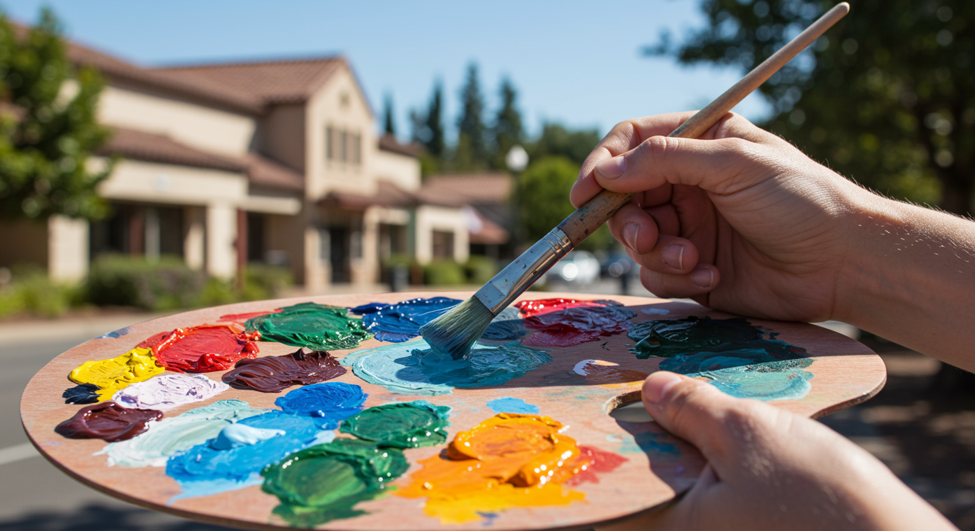 A close-up of a painter's hands holding a paintbrush and palette, with vibrant paint colors. In the background, a glimpse of Pleasanton's iconic landmarks, such as the historic downtown area, can be seen.