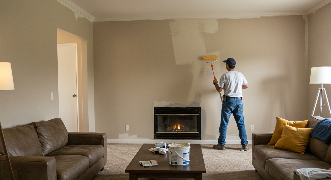 A professional painter in Tustin, CA, is actively painting a living room wall. The painter is using a roller brush and is focused on creating a smooth finish. The room features warm colors and modern decor, showcasing the transformation of the space.