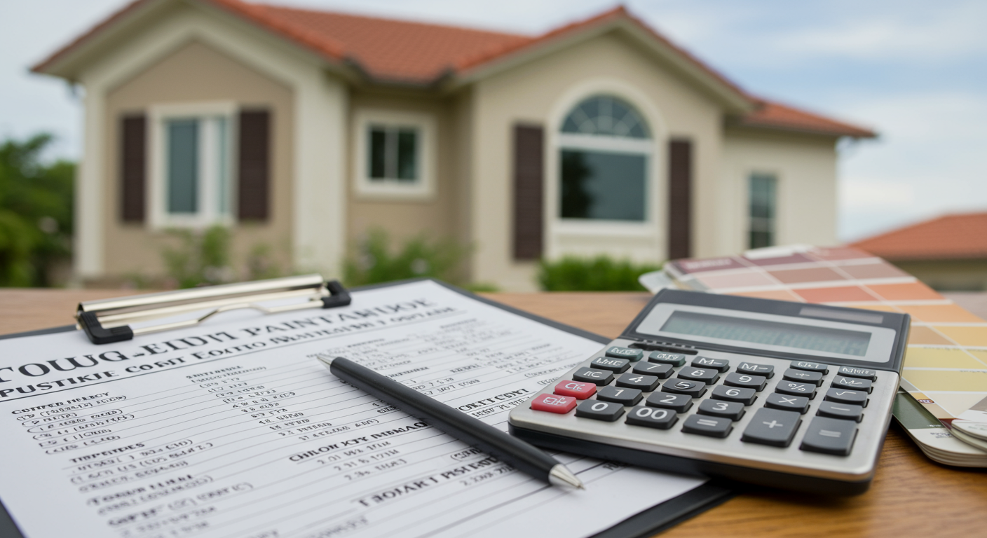 A close-up of a clipboard with a detailed cost estimate for house painting, alongside a calculator and paint samples. The background shows a beautifully painted home.
