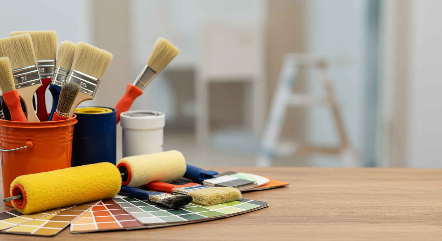 A close-up image of painting tools neatly arranged on a table, including brushes, rollers, paint cans, and color swatches. The background is a blurred image of a freshly painted wall, suggesting readiness for work.