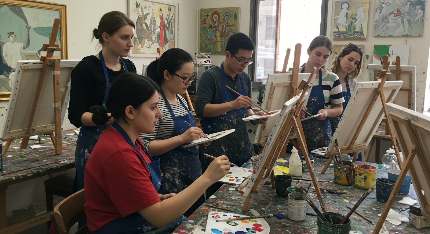 A painting workshop in action, where an instructor is teaching a group of students about painting techniques. The students are actively participating, showcasing the learning aspect of the profession.