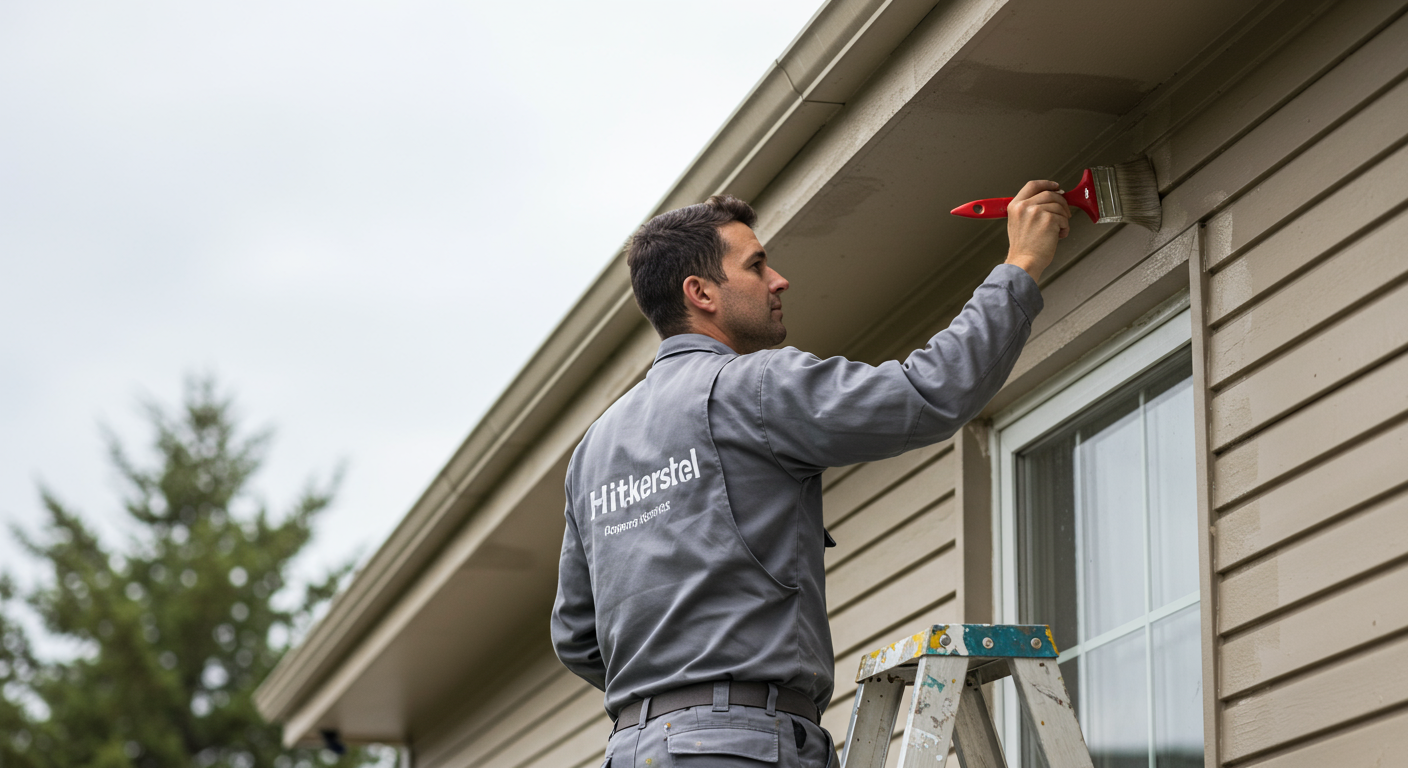 A professional painter in a uniform, carefully applying a fresh coat of paint to a residential home's exterior. The painter is using a brush on a ladder, showcasing skill and attention to detail.
