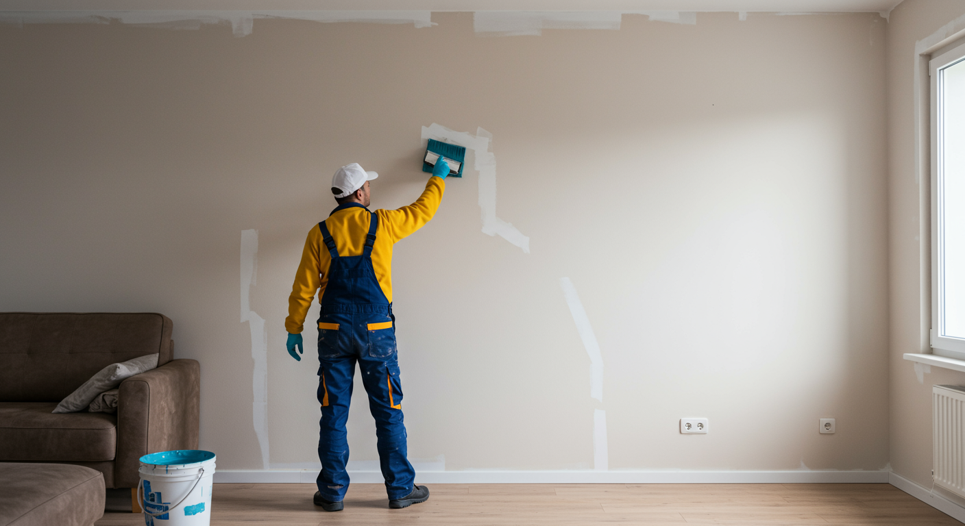 A skilled painter meticulously applying a fresh coat of paint to a living room wall, showcasing vibrant colors and attention to detail.