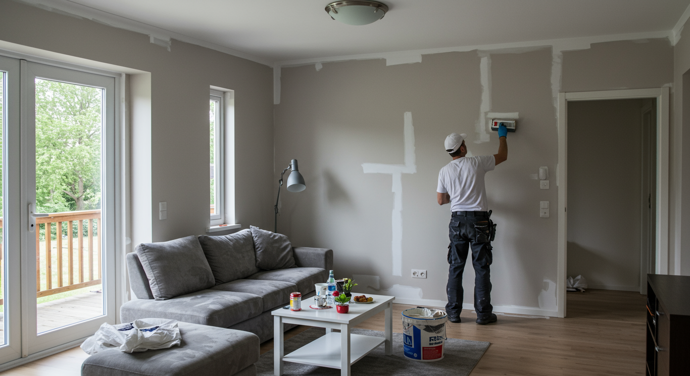 A professional painter in action, applying a fresh coat of paint to a living room wall. The room is well-lit, showcasing a modern interior with neutral colors and vibrant accent walls.