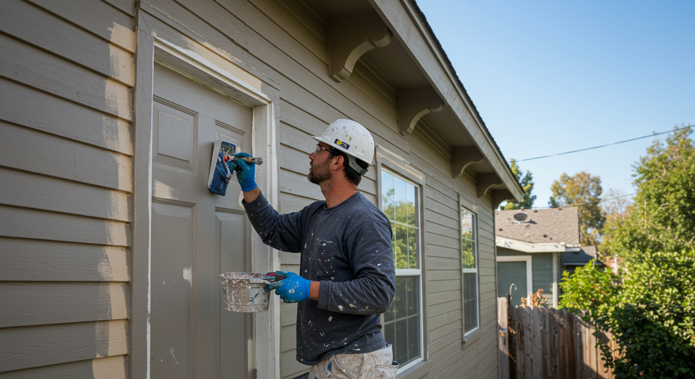 A skilled painter applying a fresh coat of paint to the exterior of a charming home in Bellflower, CA. The painter is focused and wearing professional gear, showcasing the meticulous attention to detail.