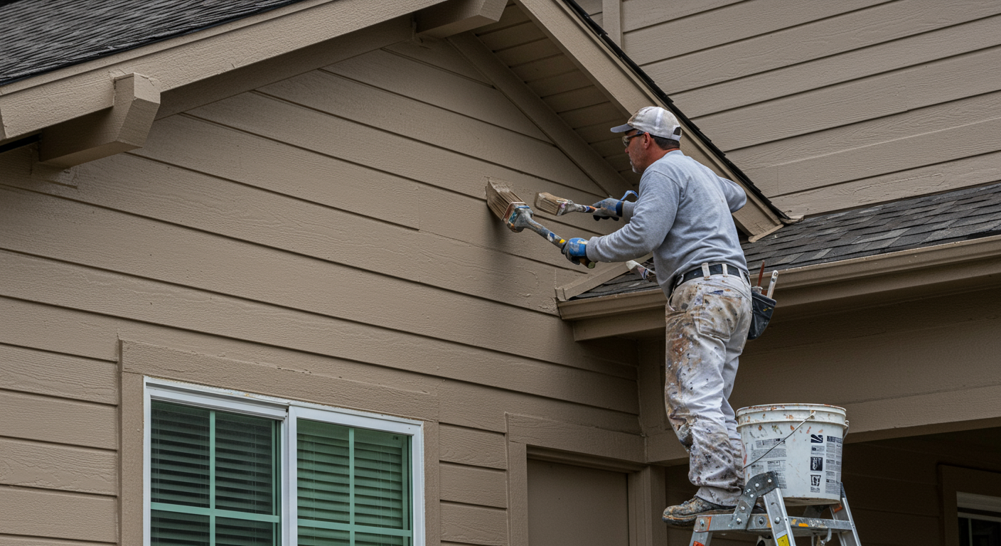 A professional painter applying a fresh coat of vibrant paint to the exterior of a charming suburban home in Elk Grove, CA.