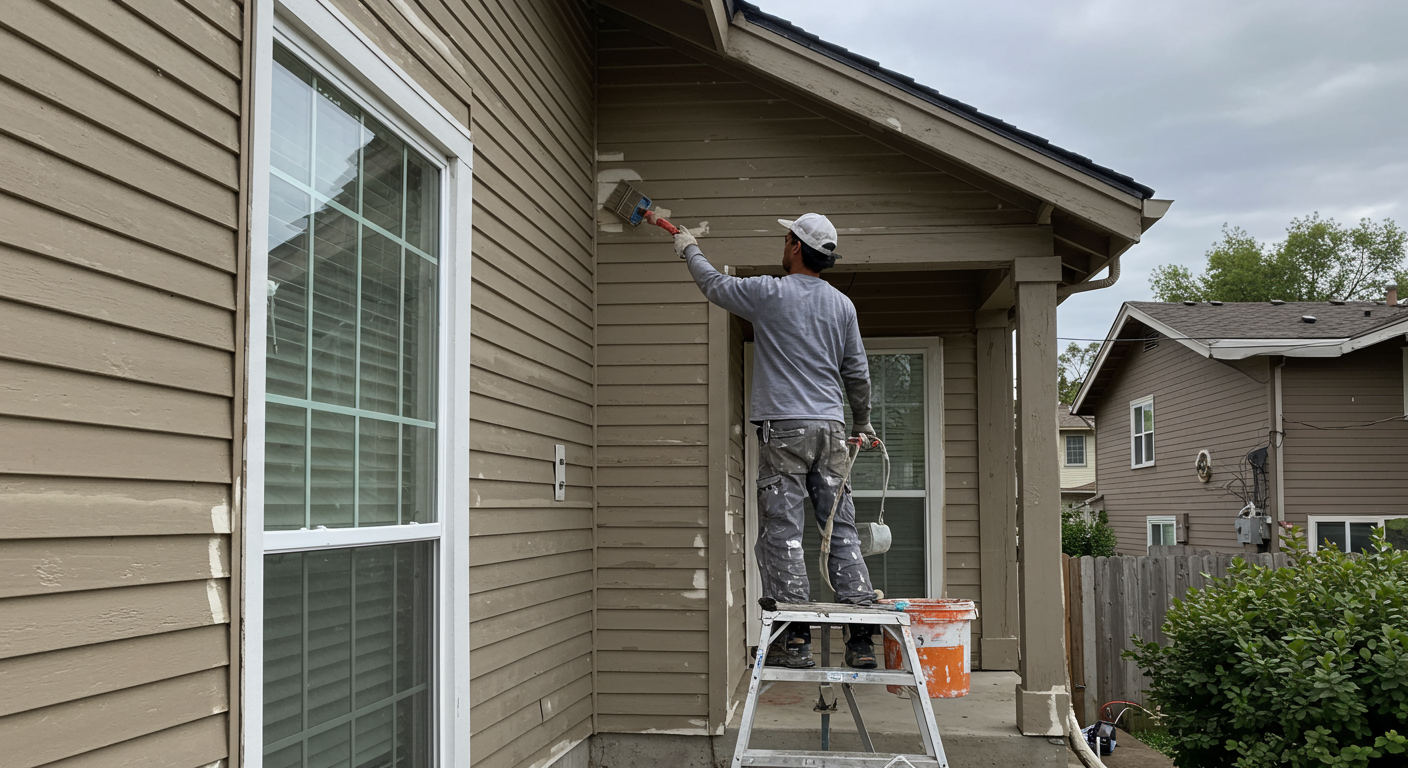 A professional painter in action, applying a fresh coat of paint to the exterior of a charming suburban home in Lynwood, CA. The painter is wearing a uniform and using high-quality tools, showcasing professionalism.