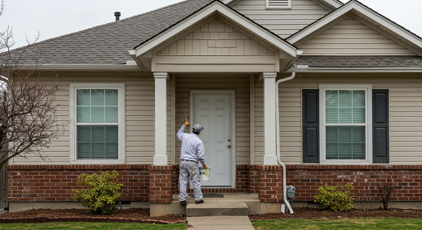 A professional painter in a clean uniform is carefully painting the exterior of a charming residential home in Modesto, CA. The scene captures the painter mid-action, showcasing their attention to detail and skill.