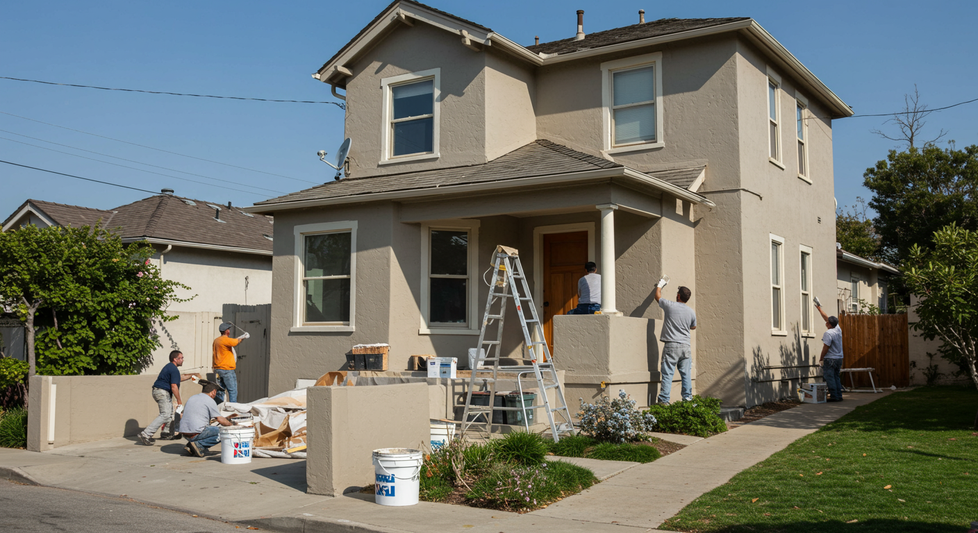 A team of professional painters applying a fresh coat of paint to a charming residential home in Culver City. The scene captures the painters in action, showcasing their skills and attention to detail.