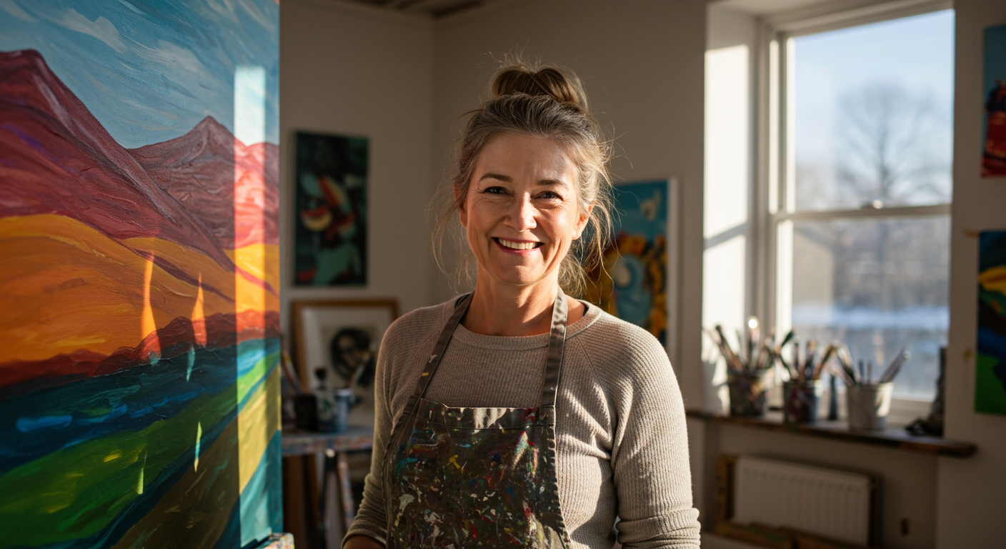 A portrait of a professional painter smiling in front of a freshly painted wall, showcasing pride in their work.