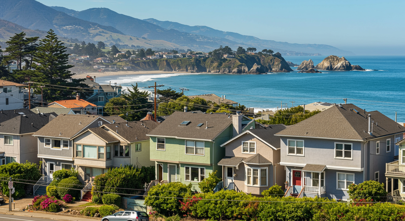 A picturesque view of a Santa Cruz neighborhood with colorful houses and beautiful coastal scenery in the background. This image captures the essence of the community and the importance of maintaining homes through painting.