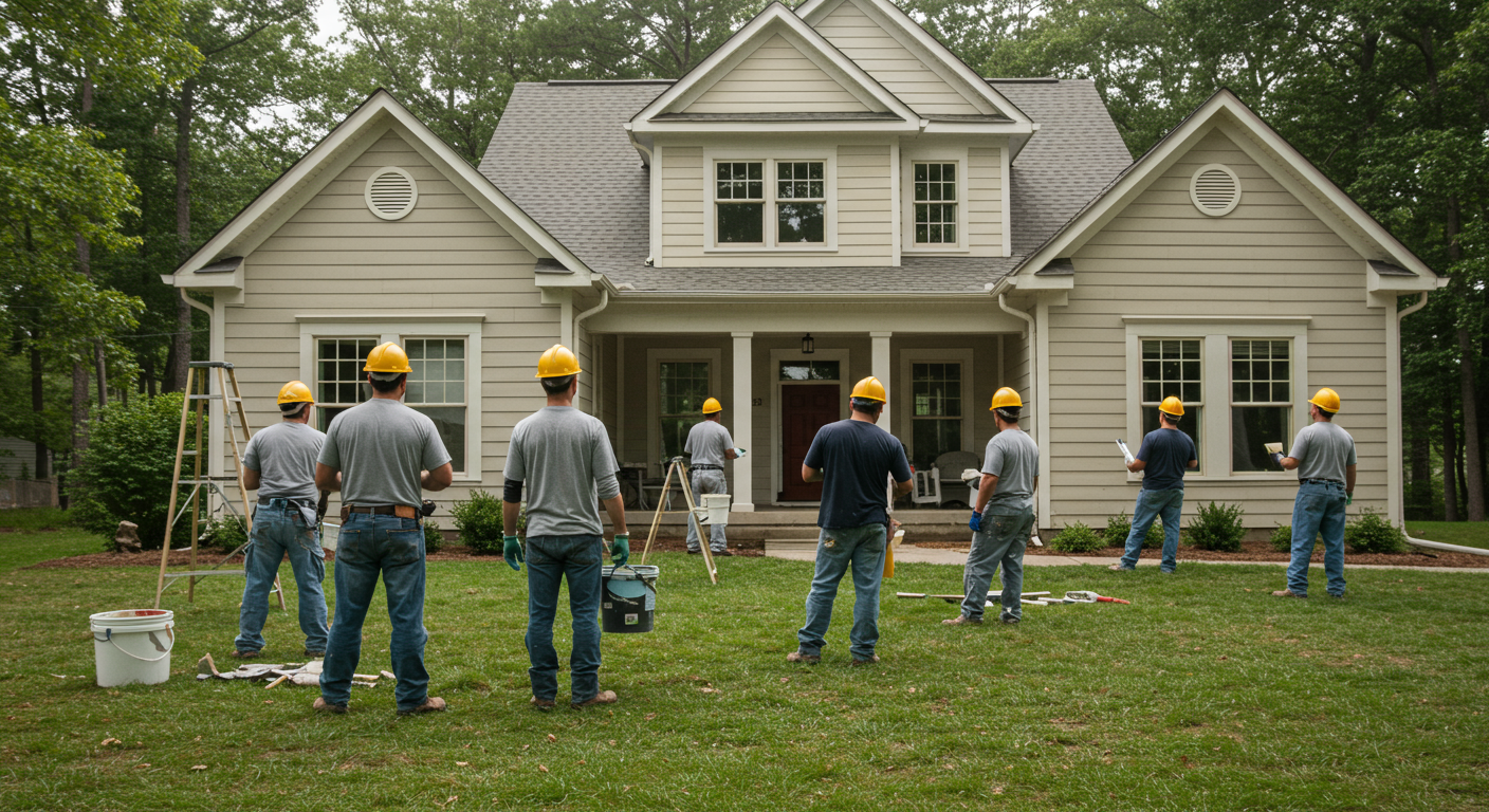 A team of professional painters collaborating on a house painting project, showcasing teamwork and efficiency.