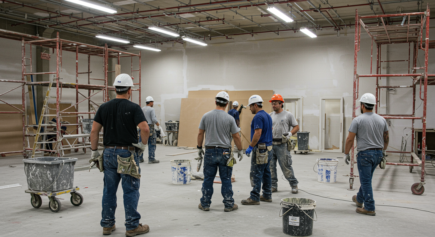 A team of painters collaborating on a large commercial project, with scaffolding and equipment in the background. The image captures teamwork and efficiency.