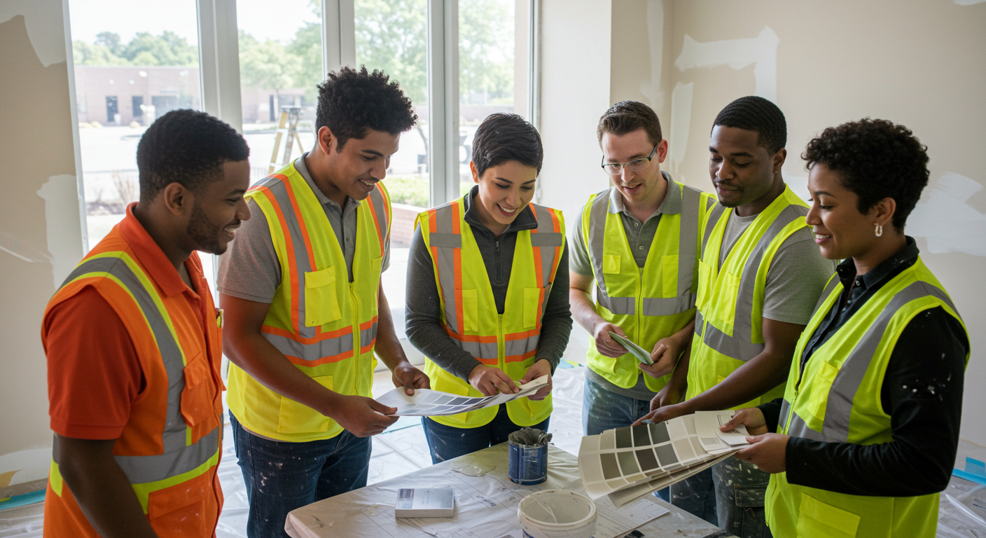 A group of subcontractors collaborating on a commercial painting project, discussing plans and reviewing color samples.