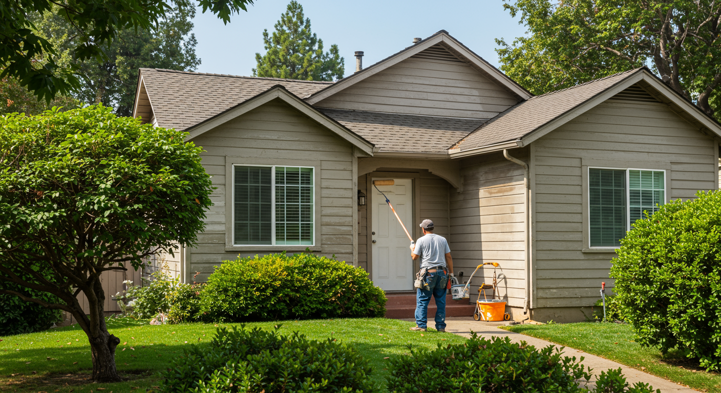 A skilled handyman painting the exterior of a charming suburban home in Glendora, CA. The handyman is using a roller brush, and the house is surrounded by lush greenery, showcasing a sunny day.