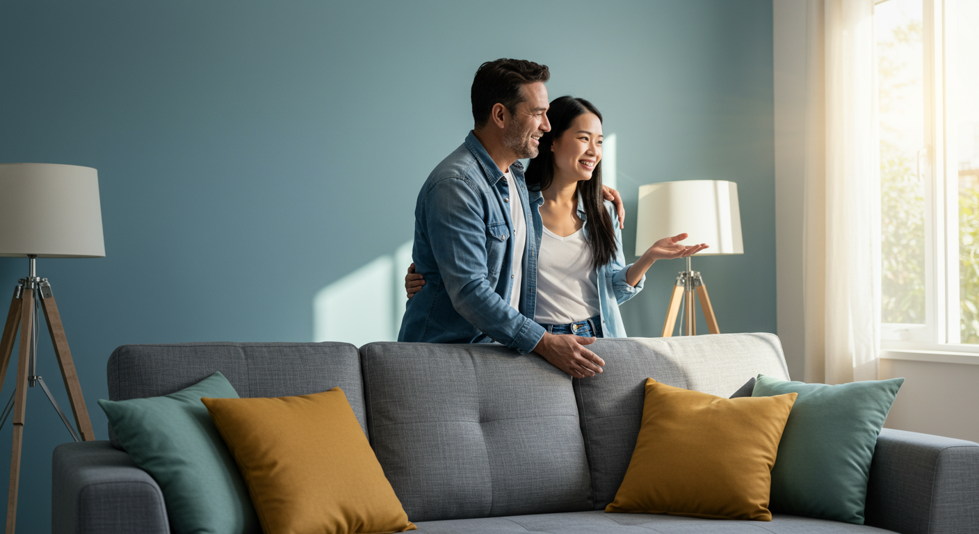 A happy couple admiring their freshly painted living room, smiling and interacting with each other in the newly transformed space.