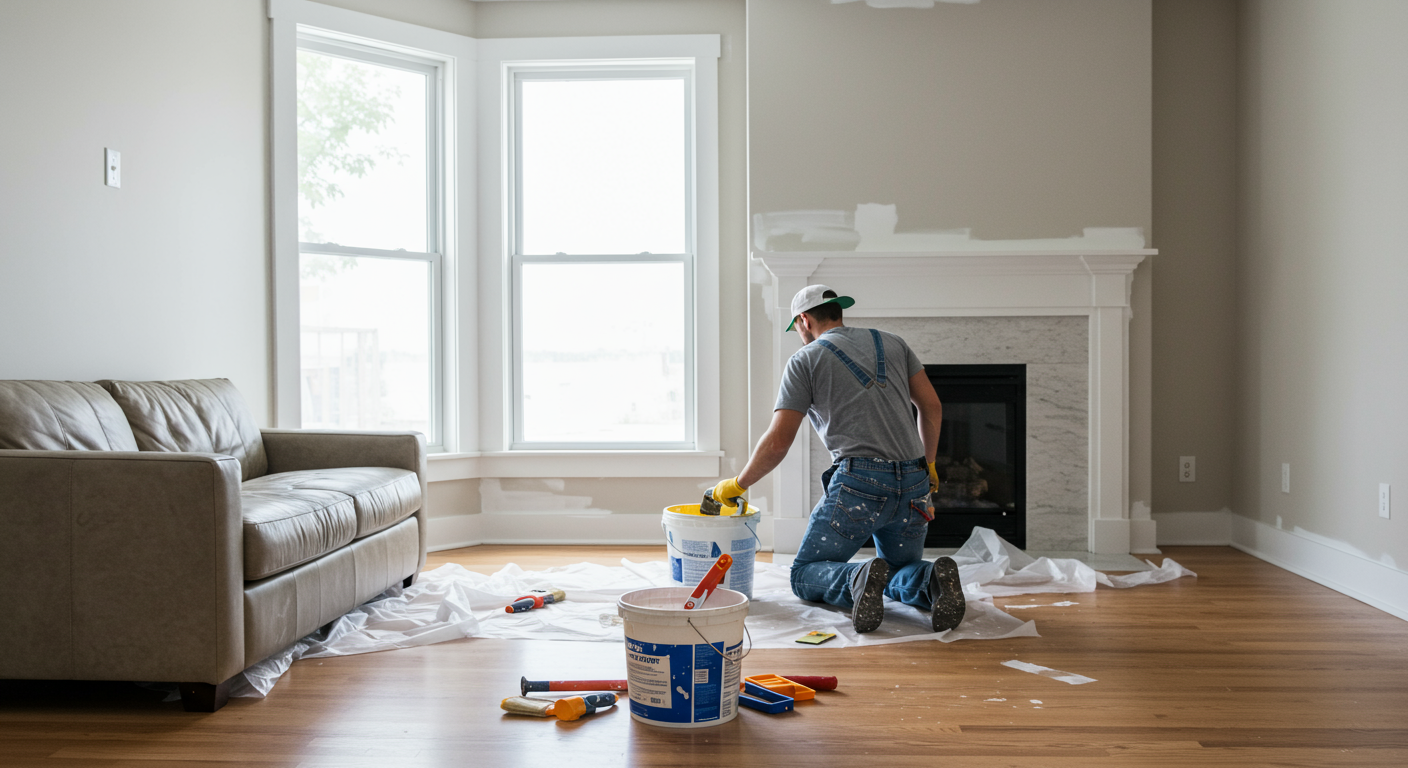 A painter carefully painting the interior of a living room, with drop cloths and tools neatly arranged. The focus is on the painter's technique and attention to detail.
