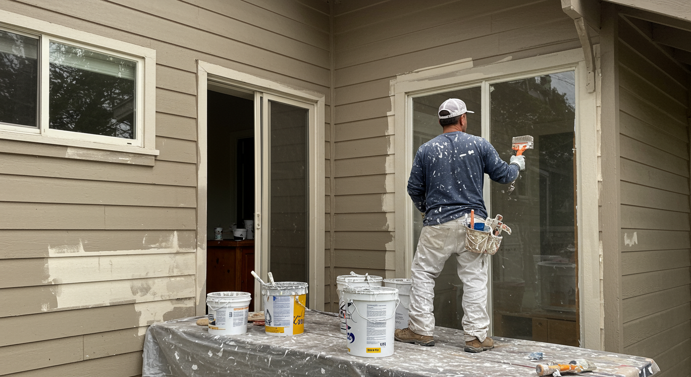 A local painter in Pacifica, CA, diligently working on the exterior of a house. The painter is applying a fresh coat of paint, with tools and paint cans visible, emphasizing professionalism and craftsmanship.