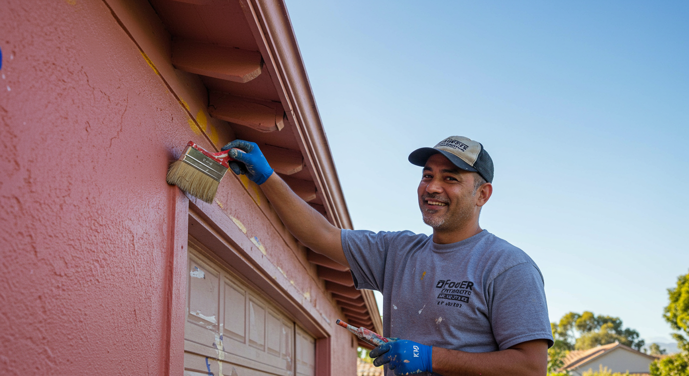 A local painter applying a fresh coat of paint on a residential home in Rancho Palos Verdes, showcasing a vibrant color palette. The painter is smiling, demonstrating satisfaction in their work.