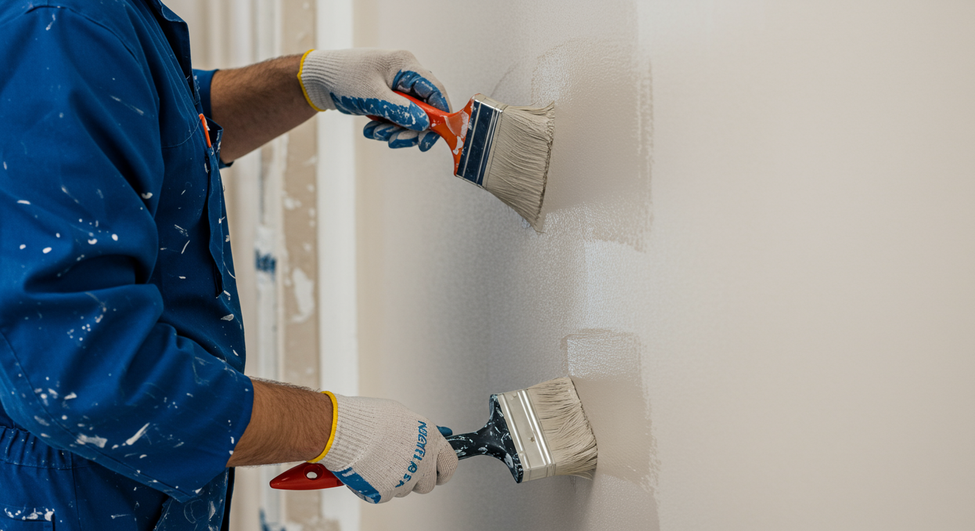 A close-up of a painter applying a fresh coat of paint to a wall, with paint tools like brushes and rollers visible in the foreground.