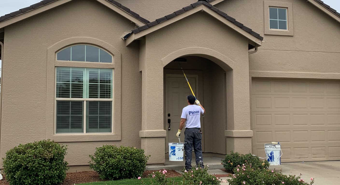 A professional painter in Chino, CA, is actively painting the exterior of a charming suburban home. The painter is wearing a uniform and using a roller brush, showcasing the quality of work.