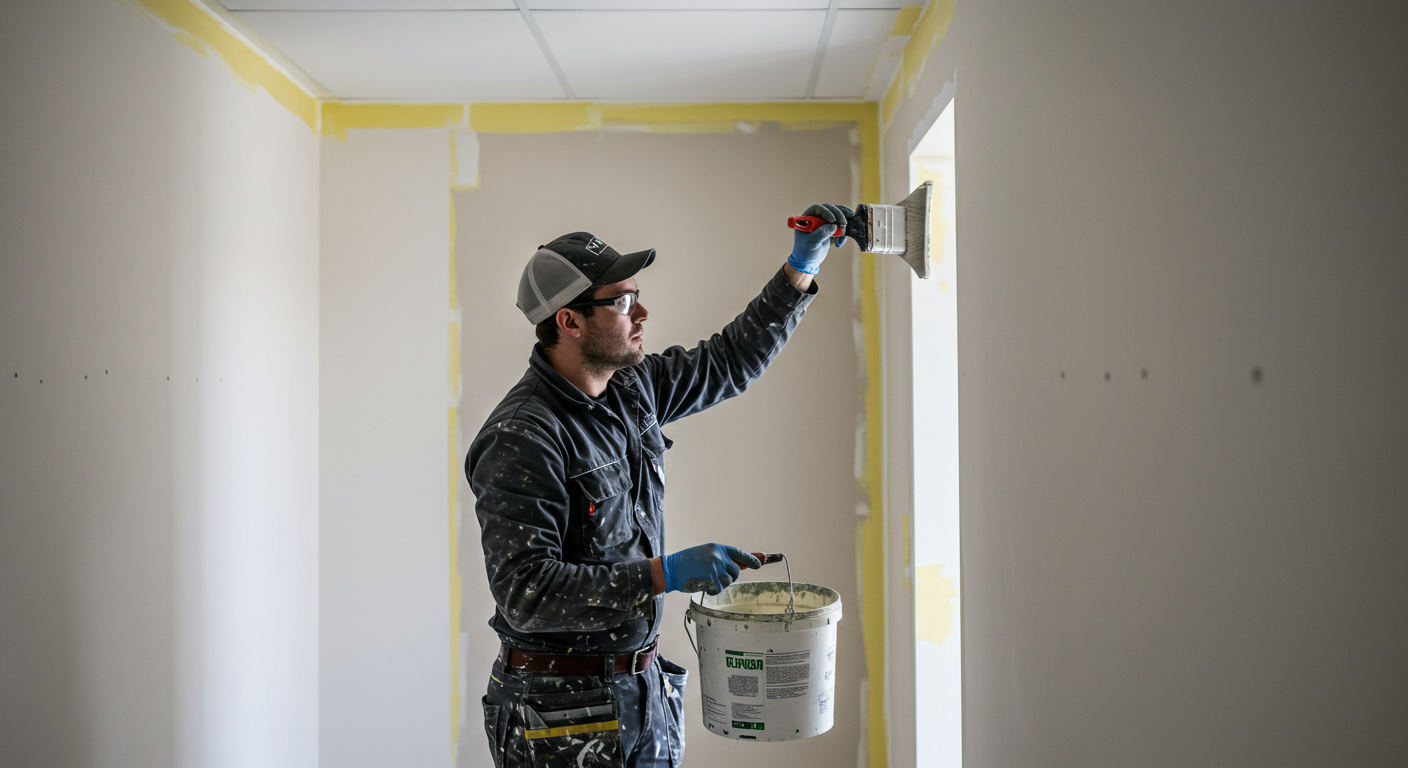 A skilled painter applying a fresh coat of paint to the interior walls of a commercial space. The painter is focused and wearing professional gear, showcasing the attention to detail in their work.